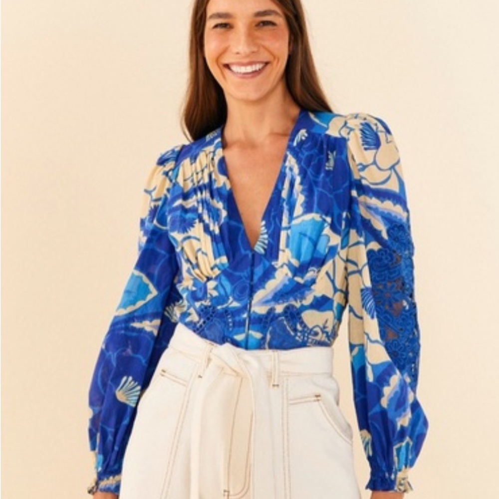 Farm Rio Tropical Groove Blouse | Blue Cotton | Size XS | NWT